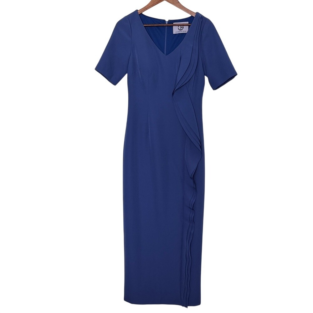 JS Collections Blue Ruffle Midi Sheath‎ Dress Short Sleeve Wedding Guest Size 6